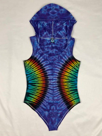 Women's Purple/Rainbow Tie-Dyed Hooded Bodysuit, M/L & XL