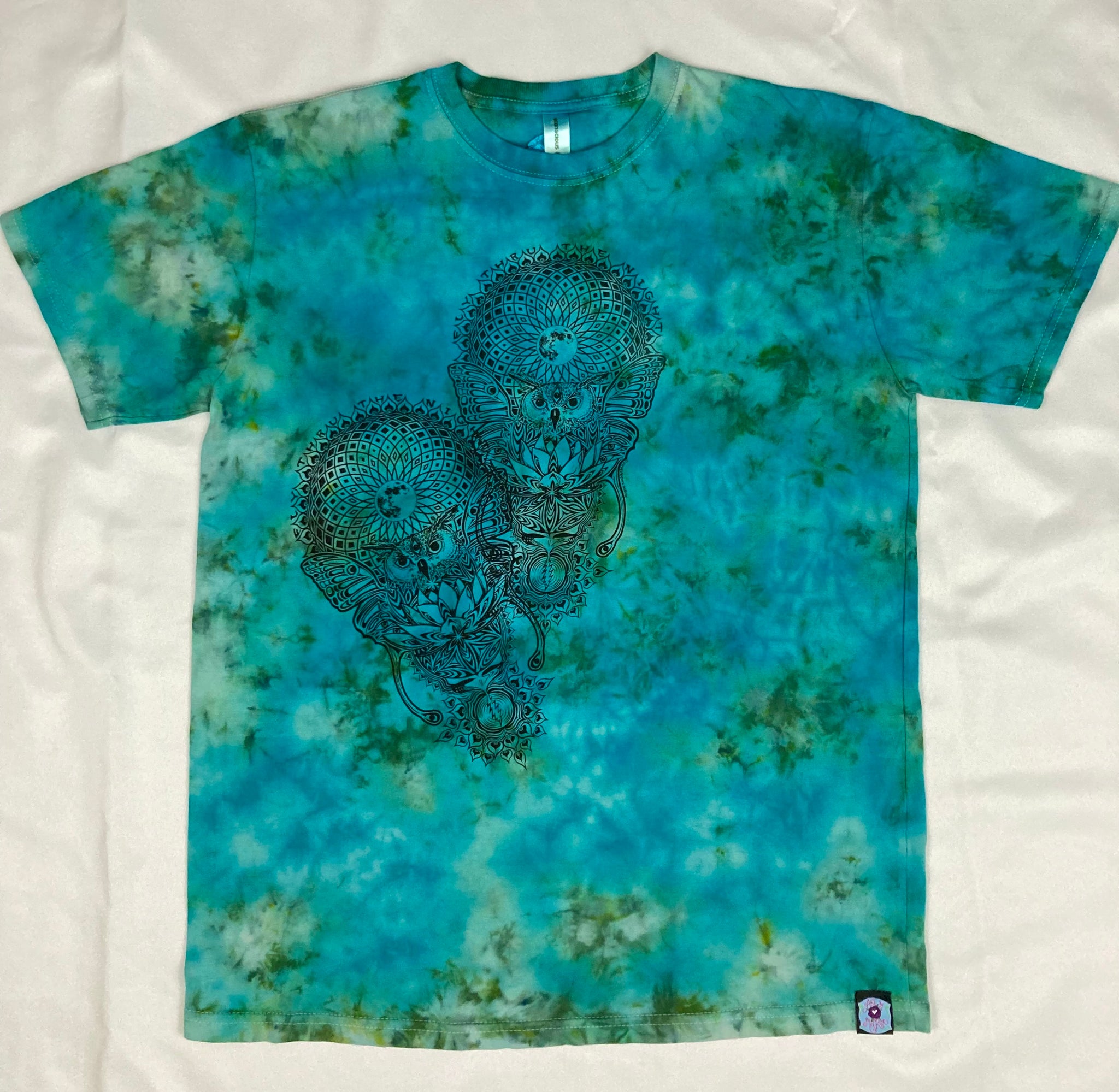 Adult Owl/Dead Printed Green Ice-Dyed Tee, L