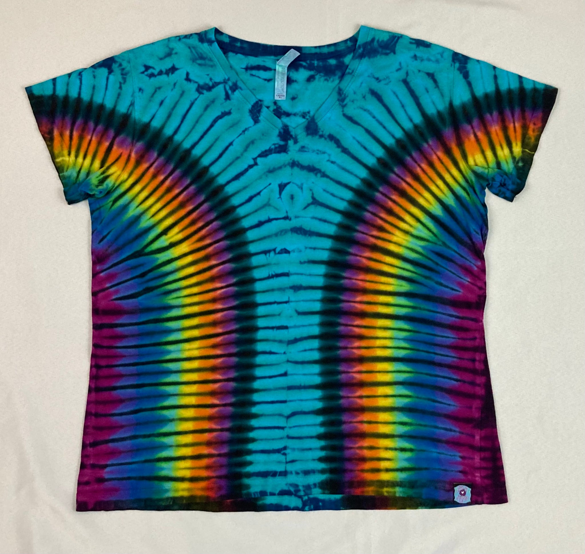 Ladies Aqua/Rainbow Tie-dyed V-Neck Tee, XL