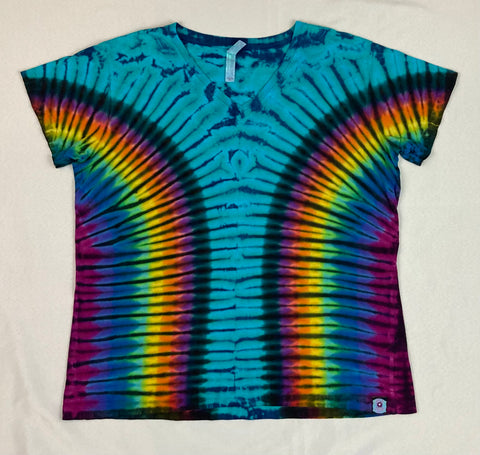 Ladies Aqua/Rainbow Tie-dyed V-Neck Tee, XL