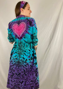 Adult Aqua/Purple Heart Tie-Dyed Kimono Robe, S