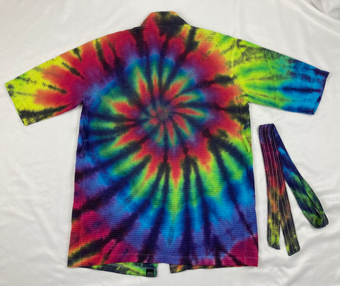 Adult Rainbow/Black Tie-Dyed Waffle Short Robe, Lg