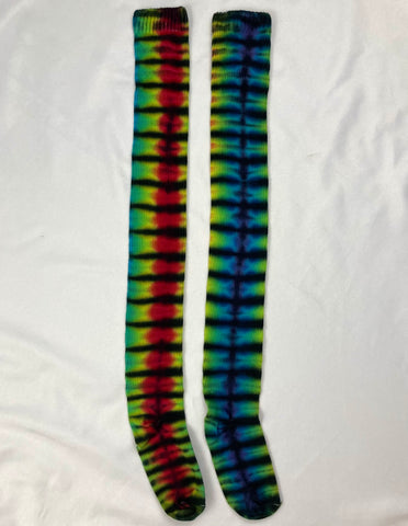 Adult Rainbow/Black Tie-dyed Thigh High Socks