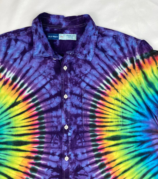 Adult Purple/Rainbow Tie-dyed Collared Button up Shirt, XXL