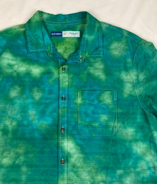 Adult Green Ice-dyed Collared Button up Shirt, XXL