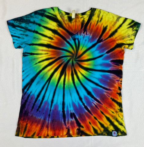 Ladies Rainbow/Black Spiral Tie-dyed V-Neck Tee, M-XL