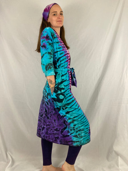 Adult Aqua/Purple Heart Tie-Dyed Kimono Robe, S