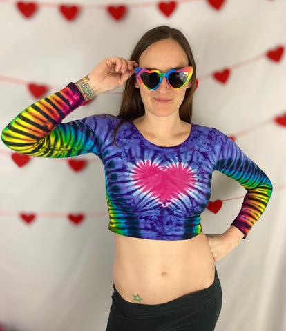 Women's Heart/Rainbow Tie-Dyed Long Sleeve Crop Top, M & L