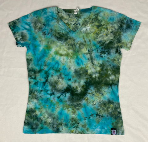 Ladies Sea Green Ice-dyed V-Neck Tee, M