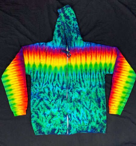 Adult Green/Rainbow Stripe Tie-Dyed Zip-Up Hoodie, XL (ORGANIC)