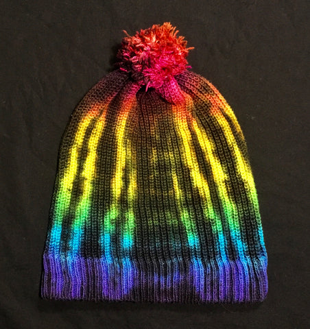 Rainbow Red Pom Tie-Dyed Knit Hat (one size)