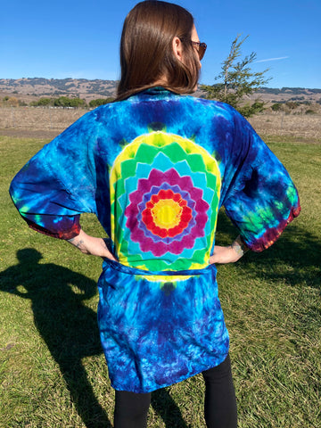 Adult Blue/Rainbow Mandala Tie-Dyed Rayon Short Robe, O/S (Slight Stitching Defect)