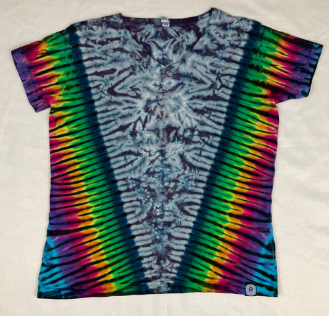 Ladies Gray/Rainbow Tie-dyed V-Neck Tee, L