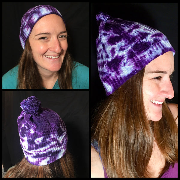 Rainbow Purple Pom Tie-Dyed Knit Hat (one size)