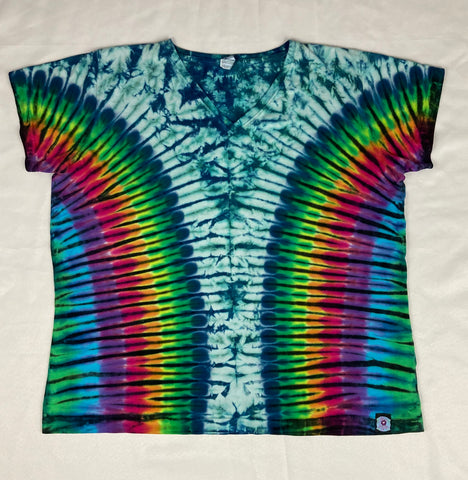 Ladies Green Rainbow Tie-dyed V-Neck Tee, XL