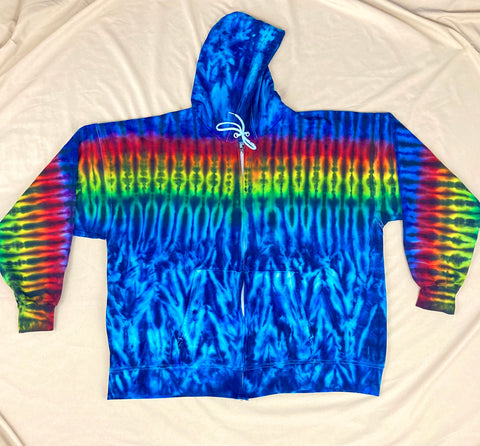 Adult Blue/Rainbow Stripe Tie-Dyed Zip-Up Hoodie, 2XL