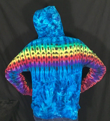 Adult Blue/Rainbow Striped Tie-Dyed Zip-up Hoodie, L