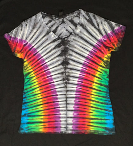 Women's Gray/Rainbow Zipper Tie-dyed V-Neck Tee, L