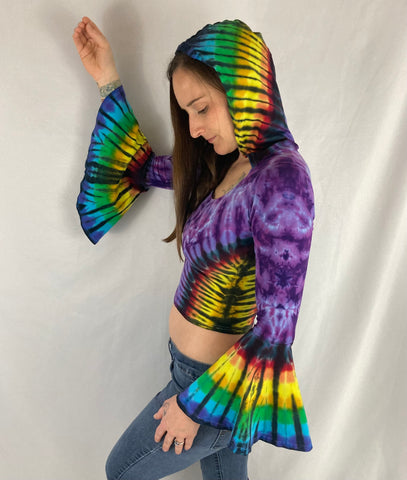 Women’s Amethyst/Rainbow Tie-Dyed Bell Sleeve Crop Top, S/M