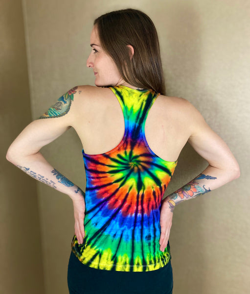 Women's Rainbow/Black Spiral Tie-dyed Tank, S