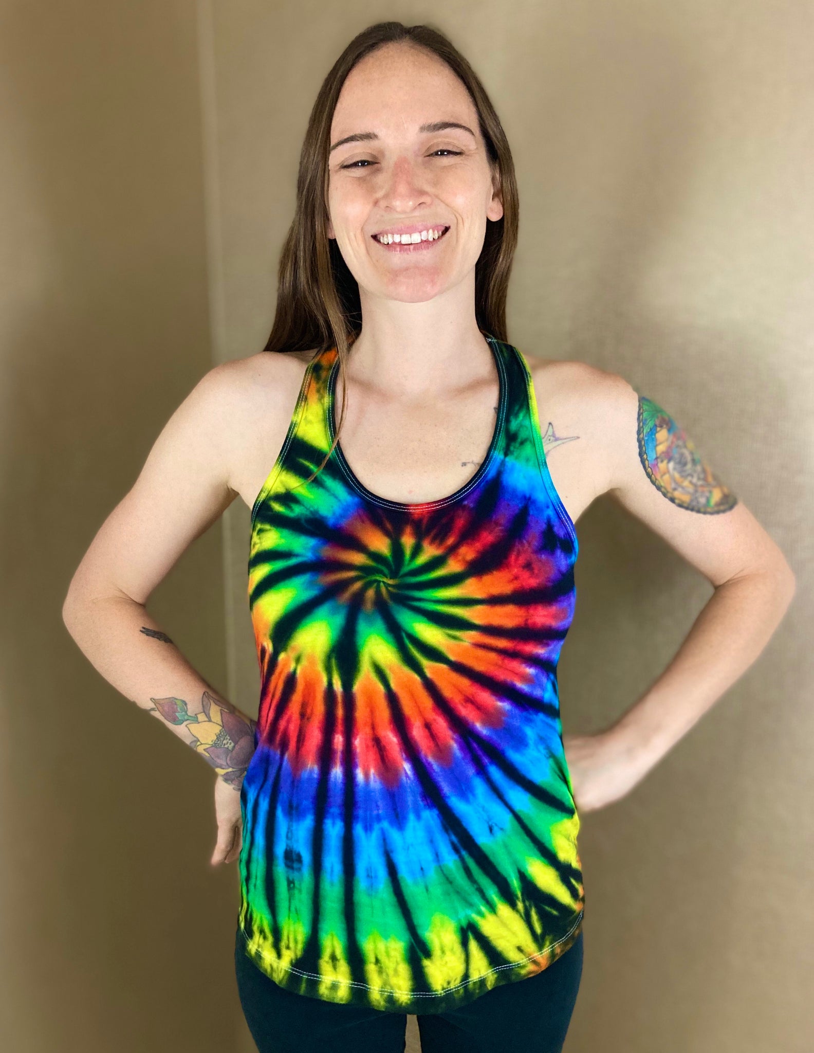 Women's Rainbow/Black Spiral Tie-dyed Tank, S