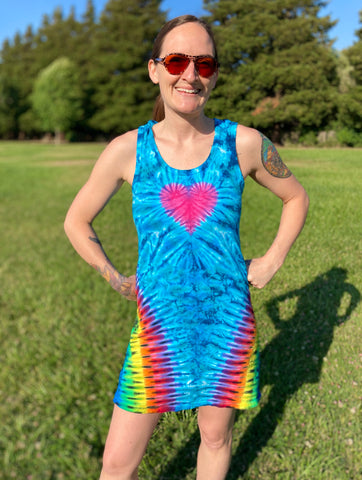 Women's Blue/Rainbow Heart Tie-Dyed Dress, S